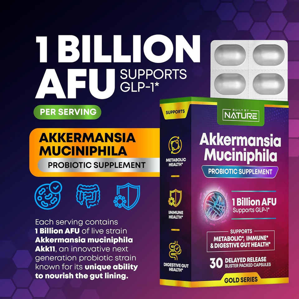 Built By Nature Akkermansia Muciniphila Probiotic Supplement  2 Billion Afu - Supports Glp-1, Immune & Digestive Gut Health - 60 Delayed Release Capsules