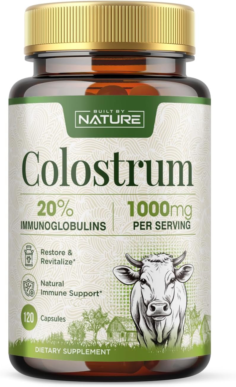 Built By Nature Colostrum Supplement, 120 Capsules - 1000Mg Grass Fed Bovine Colostrum Powder From First Milkings, 20% Igg Immunoglobulins  Gut Health, Immune Support, Hair & Skin Wellness
