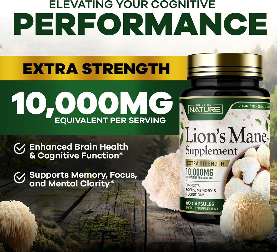 Built By Nature LionS Mane 10,000Mg  Extra Strength Mushroom Supplement For Nootropic Brain Support  Focus, Memory And Cognitive Function  Non-Gmo, Gluten-Free, Vegan - 60 Capsules