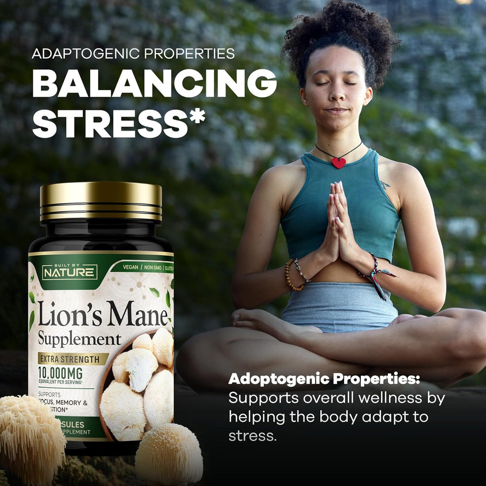 Built By Nature LionS Mane 10,000Mg  Extra Strength Mushroom Supplement For Nootropic Brain Support  Focus, Memory And Cognitive Function  Non-Gmo, Gluten-Free, Vegan - 60 Capsules