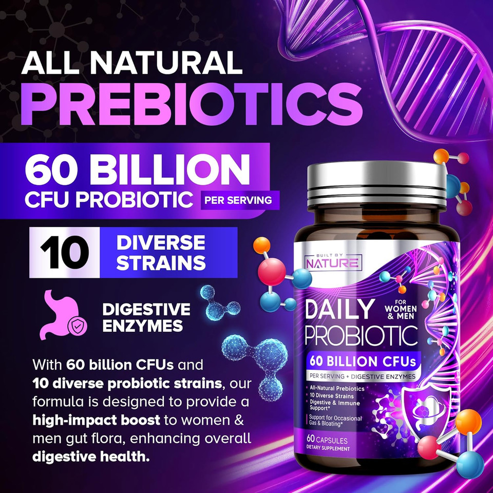 Built By Nature Probiotic For Women & Men  60 Billion Cfu, 10 Strains + Prebiotics & Digestive Enzymes  Supports Digestive, Immune, Reduce Gas & Bloating  Shelf Stable, Non-Gmo - 120 Capsules
