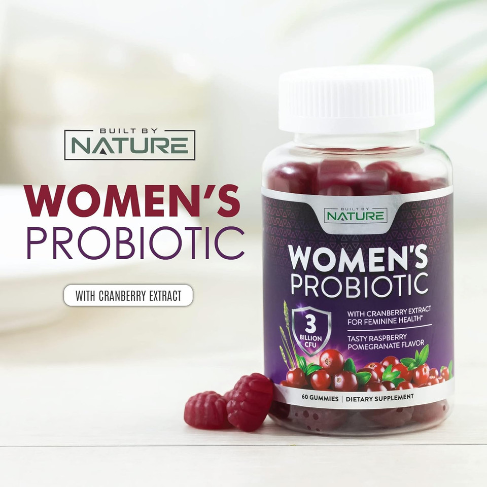 Built By Nature Probiotics For Women Gummies 3 Billion Cfu, 6 Probiotic Strains With Cranberry Supplement, Digestive, Immune, Vaginal & Urinary Health, Shelf Stable, 60 Gummy