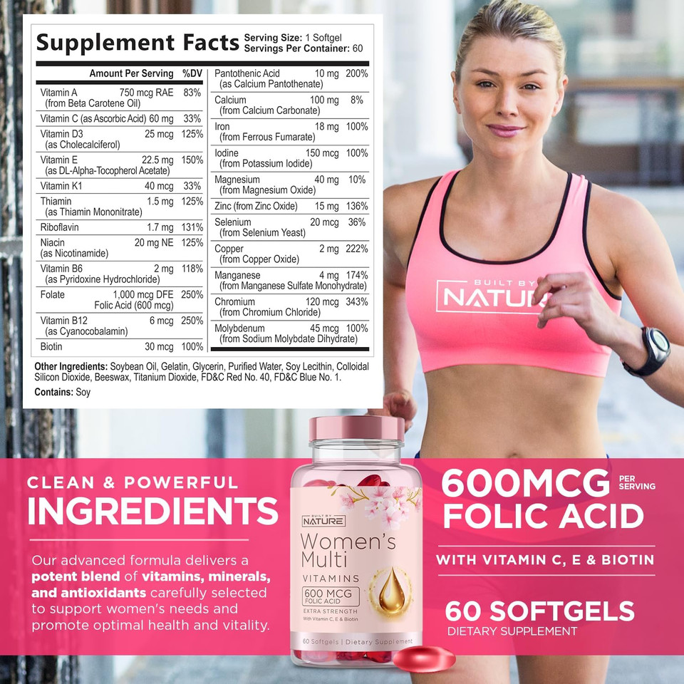 Built By Nature Vitamins For Women  Women'S Complete Daily Multivitamin Supplement With A, B, C, D, E, Iron, Calcium, Magnesium And Multi Minerals  Wellness & Immune Health Support - 60 Softgels