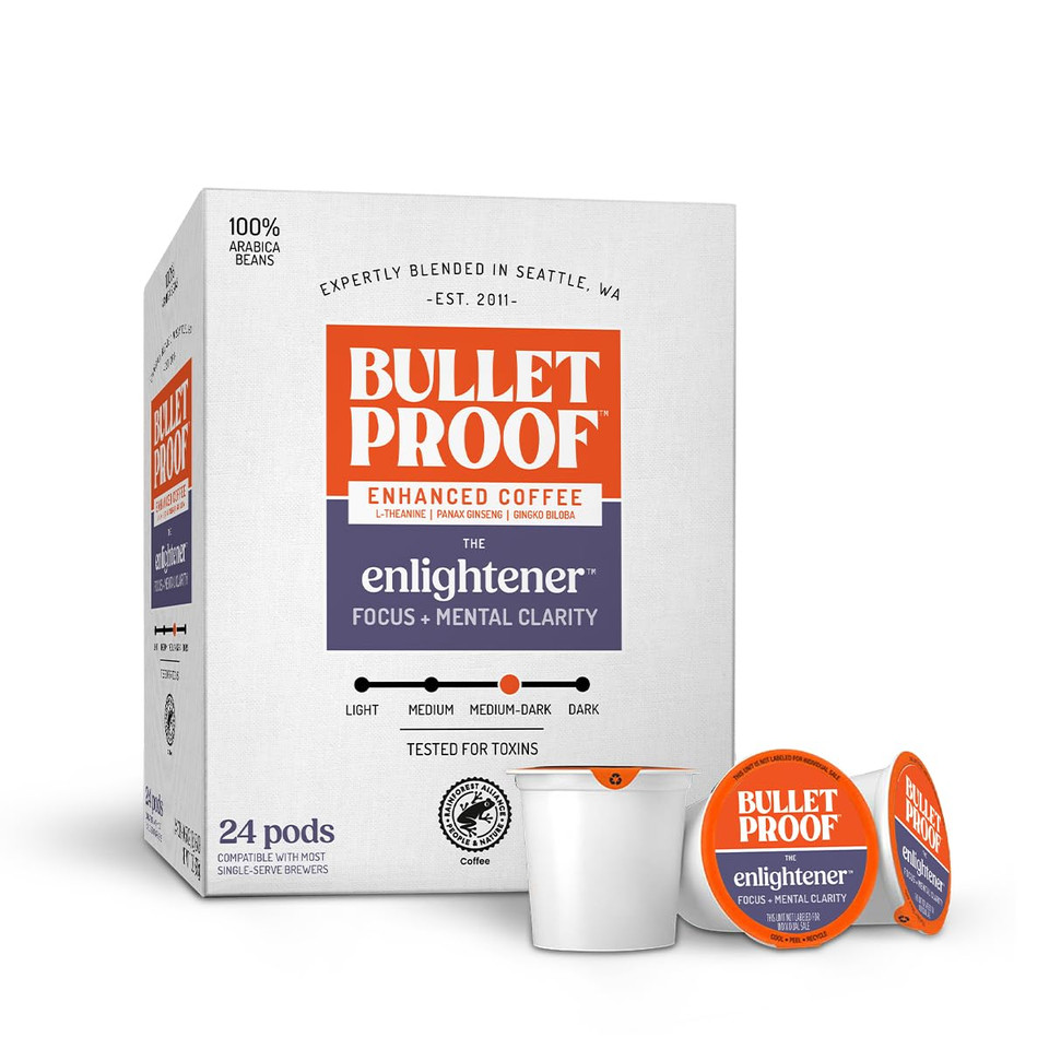 Bulletproof The Enlightener Coffee Pods, 24 Count, Medium-Dark Roast Enhanced Coffee With L-Theanine, Panax Ginseng And Gingko Biloba, Supports Mental Clarity, Focus, And Memory