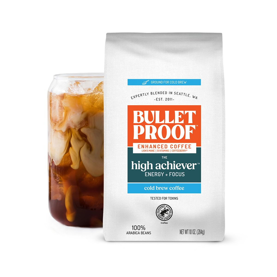 Bulletproof The High Achiever Cold Brew Coffee, 10 Ounces, Medium-Dark Roast Enhanced Coffee With Lion'S Mane Mushroom, B Vitamins, And Adaptogens For Energy And Focus