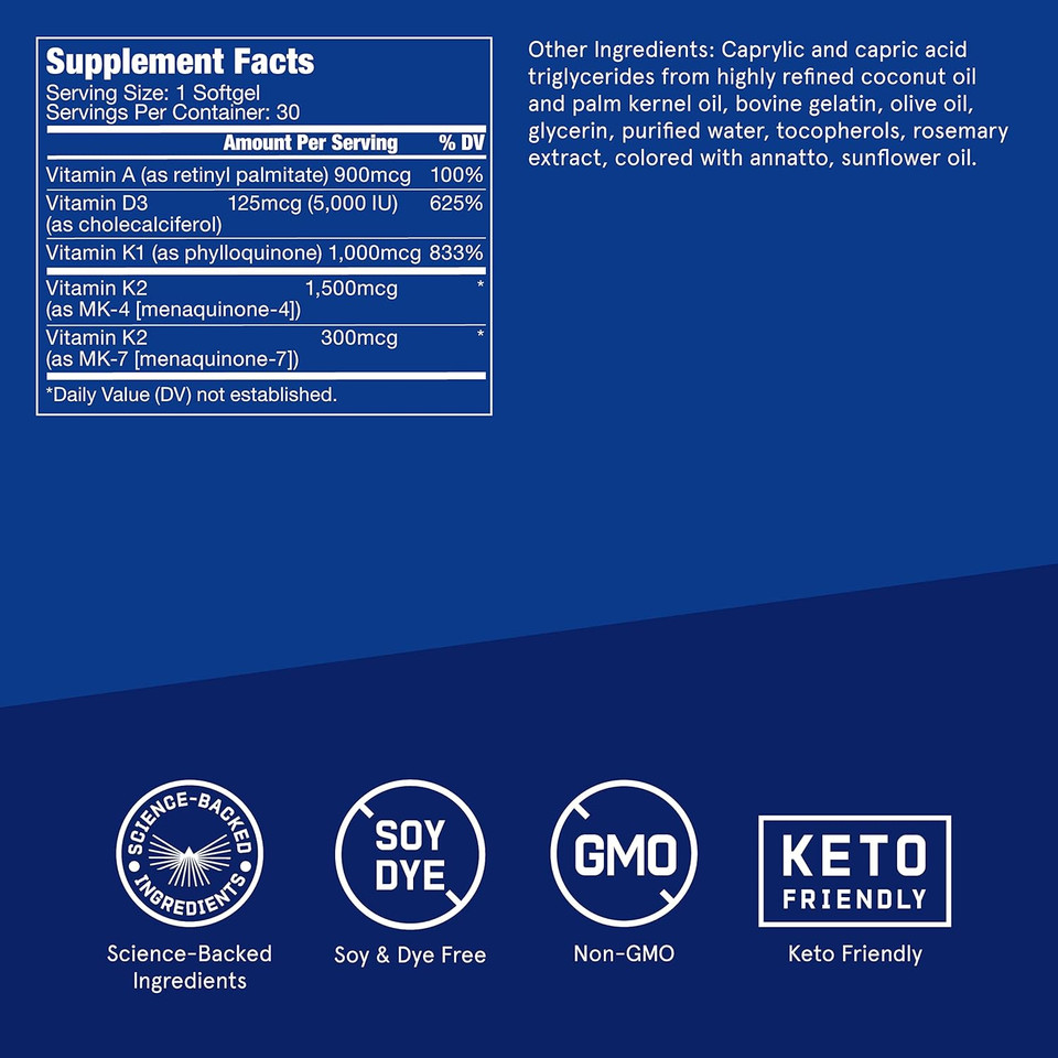 Bulletproof Vitamins A-D-K Softgels, 30 Count, Supplement For Heart, Bone Health And Immune Support