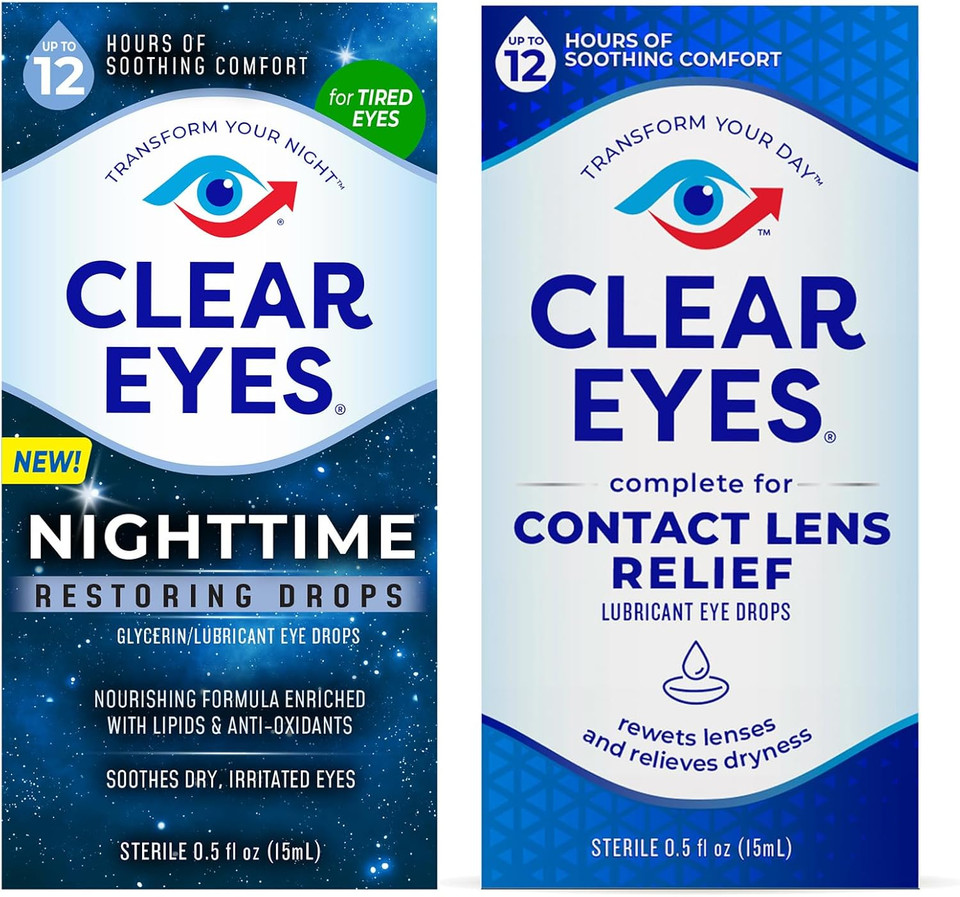 Bundle Of Clear Eyes Nighttime Restoring Eyes Drops, Nighttime Relief Dry Eye Drops, 0.5 Fl Oz + Clear Eyes Contact Lens Relief Eye Drops, 0.5 Fl Oz