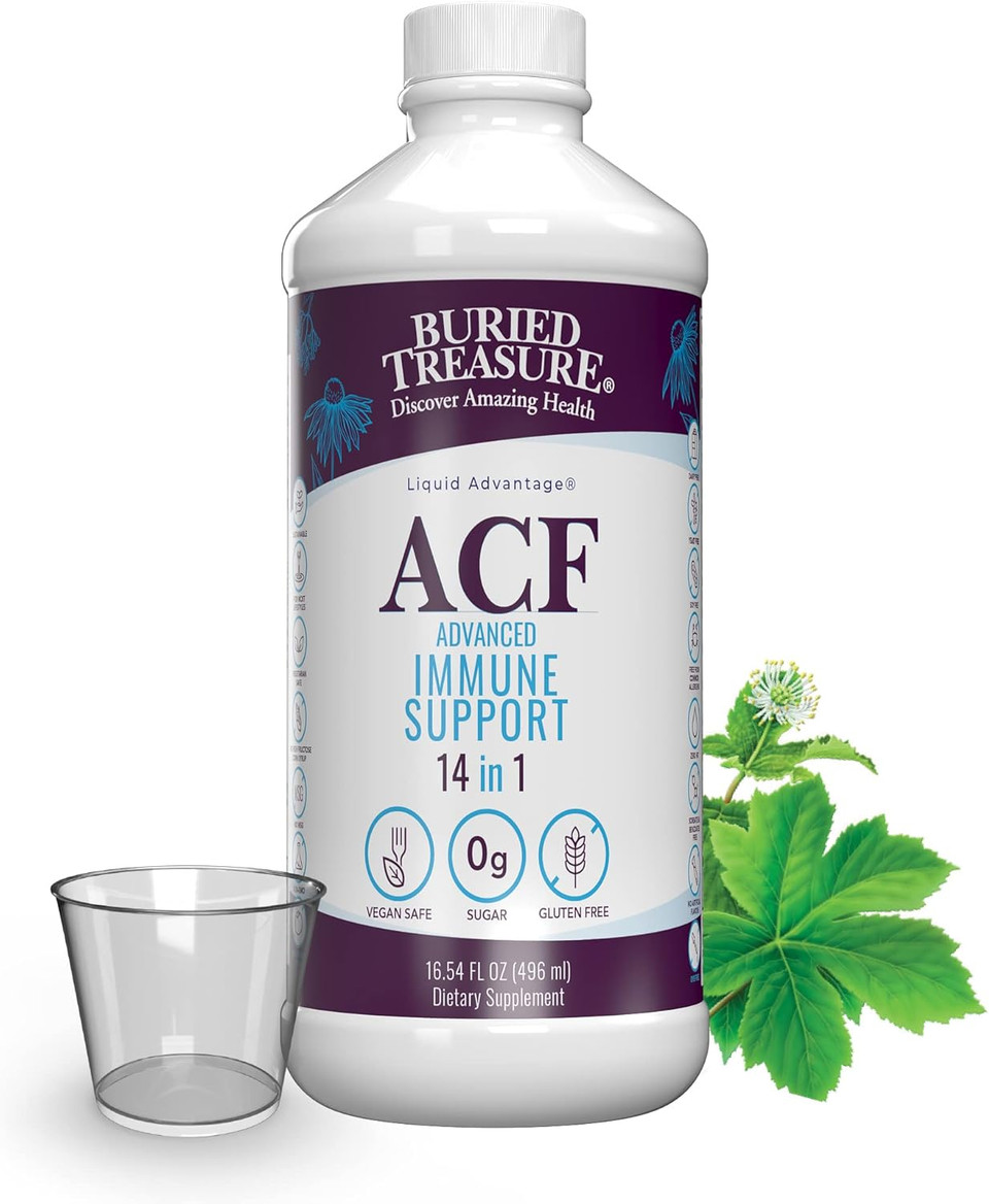Buried Treasure Acf Immune Support - 16 Oz, 16 Servings, Vitamin C, Elderberry, Zinc, Liquid Immune Booster With Vitamins And Minerals W/ Dose Cup