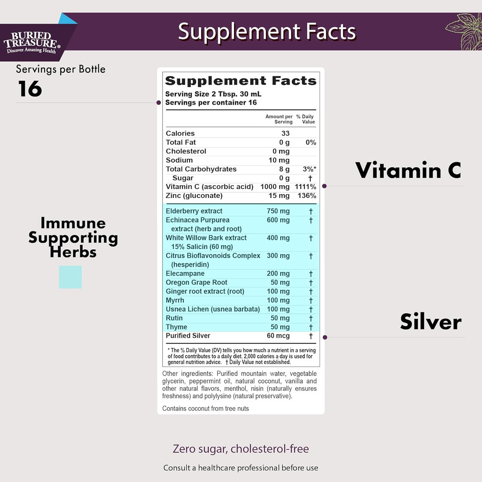 Buried Treasure Acf Immune Support - 16 Oz, 16 Servings, Vitamin C, Elderberry, Zinc, Liquid Immune Booster With Vitamins And Minerals W/ Dose Cup