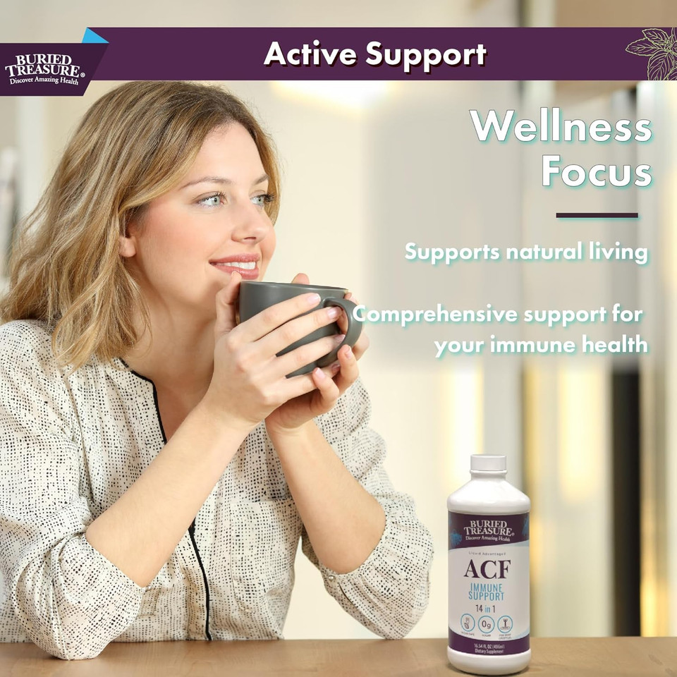 Buried Treasure Acf Immune Support - 16 Oz, 16 Servings, Vitamin C, Elderberry, Zinc, Liquid Immune Booster With Vitamins And Minerals W/ Dose Cup