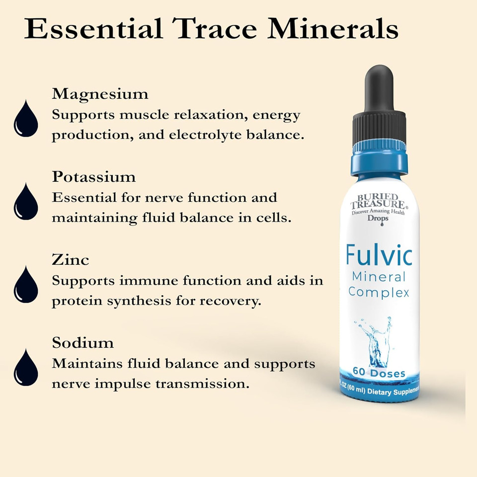 Buried Treasure Fulvic Mineral Drops  295Mg Trace Minerals, Ionic Fulvic Acid Supplement For Hydration, Energy & Electrolyte Support, Vegan, Non-Gmo, 2 Fl Oz Liquid Drops