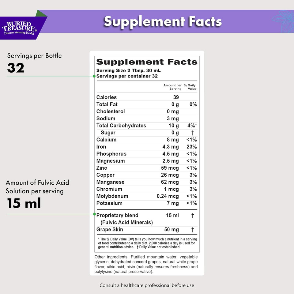 Buried Treasure Fulvic Minerals Grape Flavored  Colloidal Minerals From Humic Fulvic Acid, Electrolytes From Trace Minerals For Recovery And Wellness Support. Add To Water  32 Servings