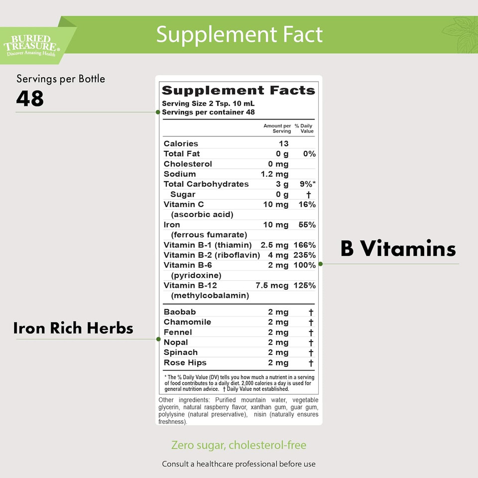 Buried Treasure Herbal Iron - 48 Servings, Liquid Iron And Herbal Supplement, Vitamin C & B Complex Vitamins, Iron-Rich Greens, Vegan Iron For Men And Women