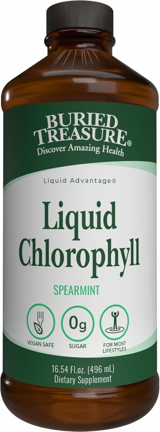 Buried Treasure Liquid Chlorophyll 100 Mg Dietary Supplement, Energy Boost Immune Support Detox Intestinal Digestive Support Natural Body Deodorant Vegan Non-Gmo Alcohol Free Spearmint Flavor,16 Oz