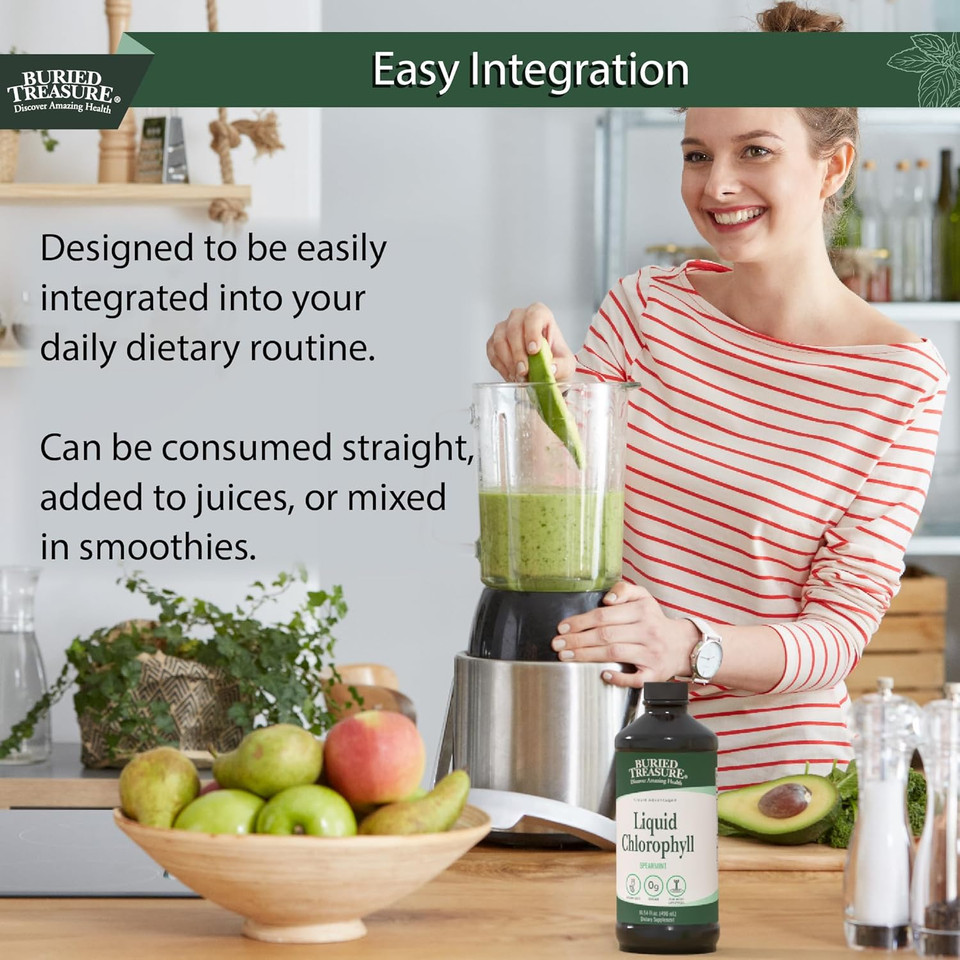 Buried Treasure Liquid Chlorophyll 100 Mg Dietary Supplement, Energy Boost Immune Support Detox Intestinal Digestive Support Natural Body Deodorant Vegan Non-Gmo Alcohol Free Spearmint Flavor,16 Oz