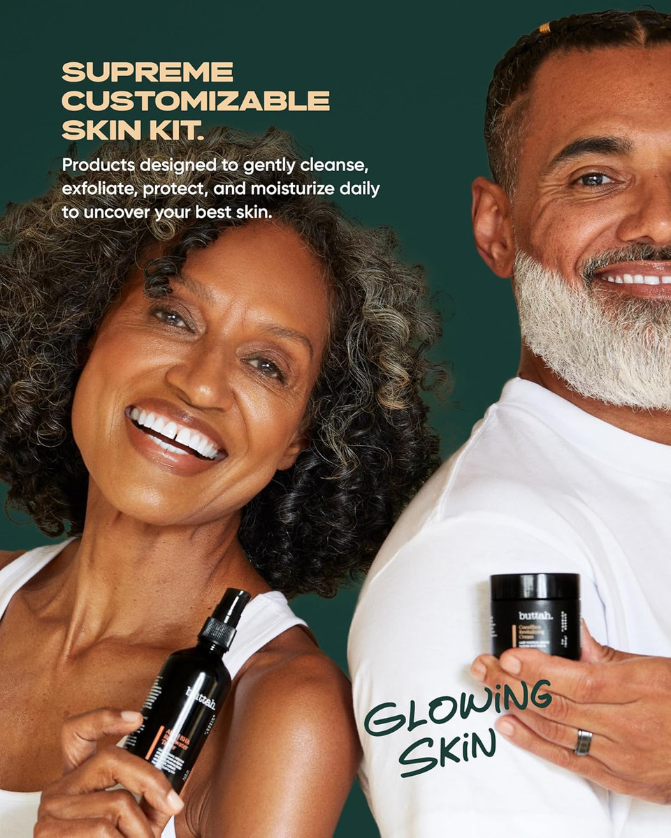 Buttah Skin Supreme Kit For Melanin Rich Skin | Facial Shea Butter 2 Oz | Vitamin C Serum 1 Oz | Cleanser 3.4 Oz | Rosewater Toner 3.4 Oz | Black Owned Skincare