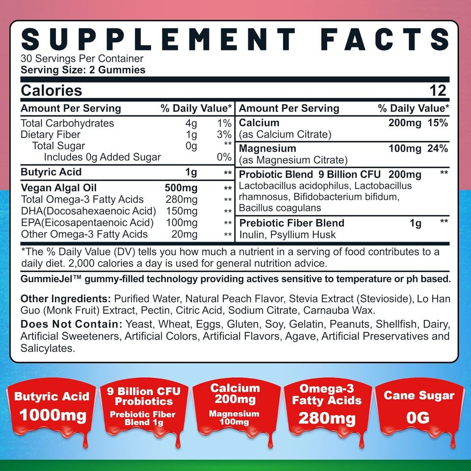 Butyrate Gummies With Probiotic + Prebiotic + Postbiotic, Omega-3 500Mg,9 Billion Cfu Probiotics With Fiber, Calcium & Magnesium, Inulin,Psyllium Husk For Digestive Health,Bloating Support,Sugar Free