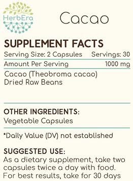 Cacao 60 Capsules, 500 Mg, Cacao (Theobroma Cacao) Dried Raw Beans (60 Capsules)
