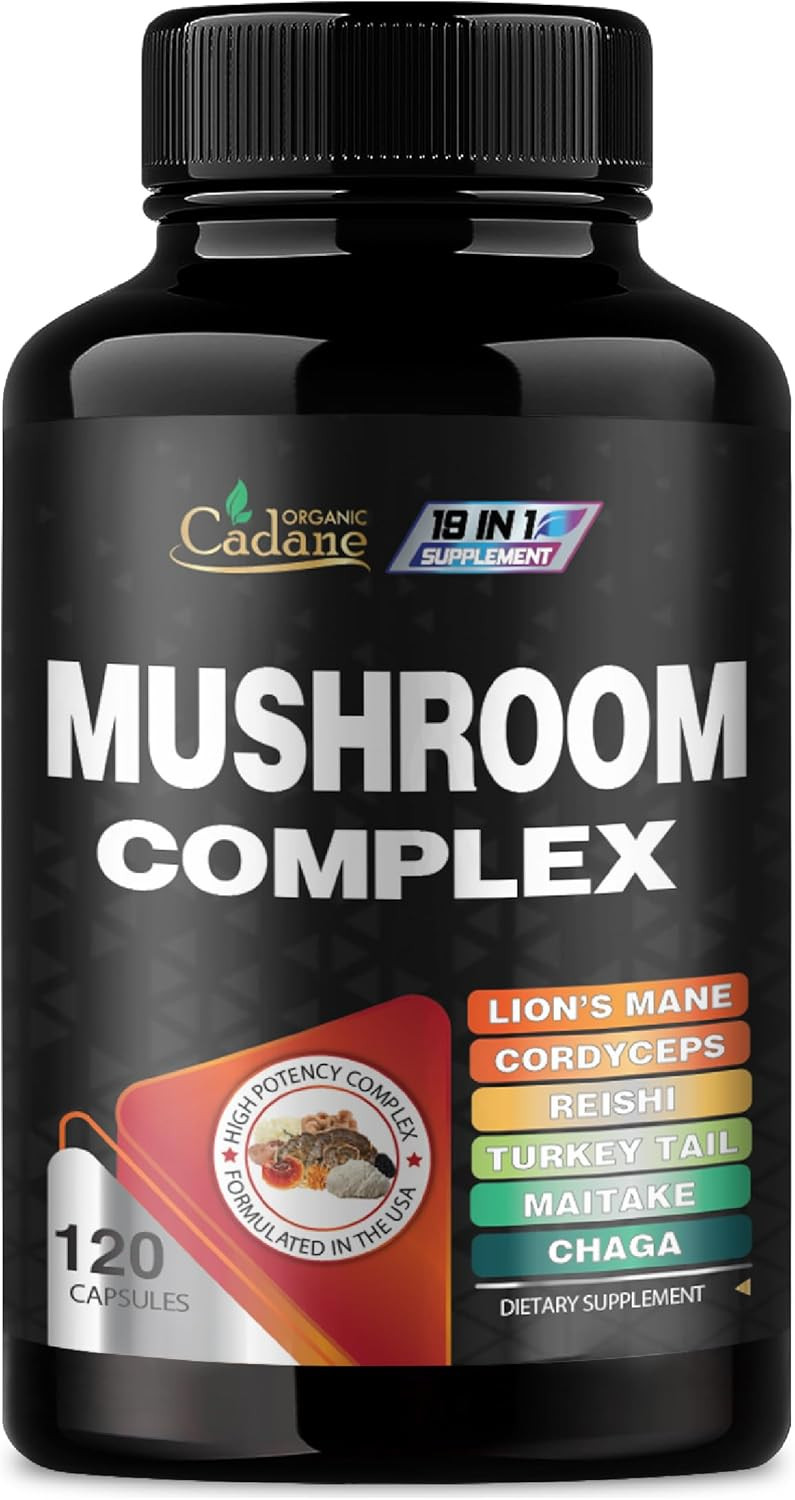 Cadane Mushroom Complex Supplements - 19In1 Concentrated With Lions Mane, Cordyceps Sinensis, Reishi, Turkey Tail Mushroom, Maitake, Chaga, Shiitake, Enoki, Agaricus, And More - 120 Vegan Capsules