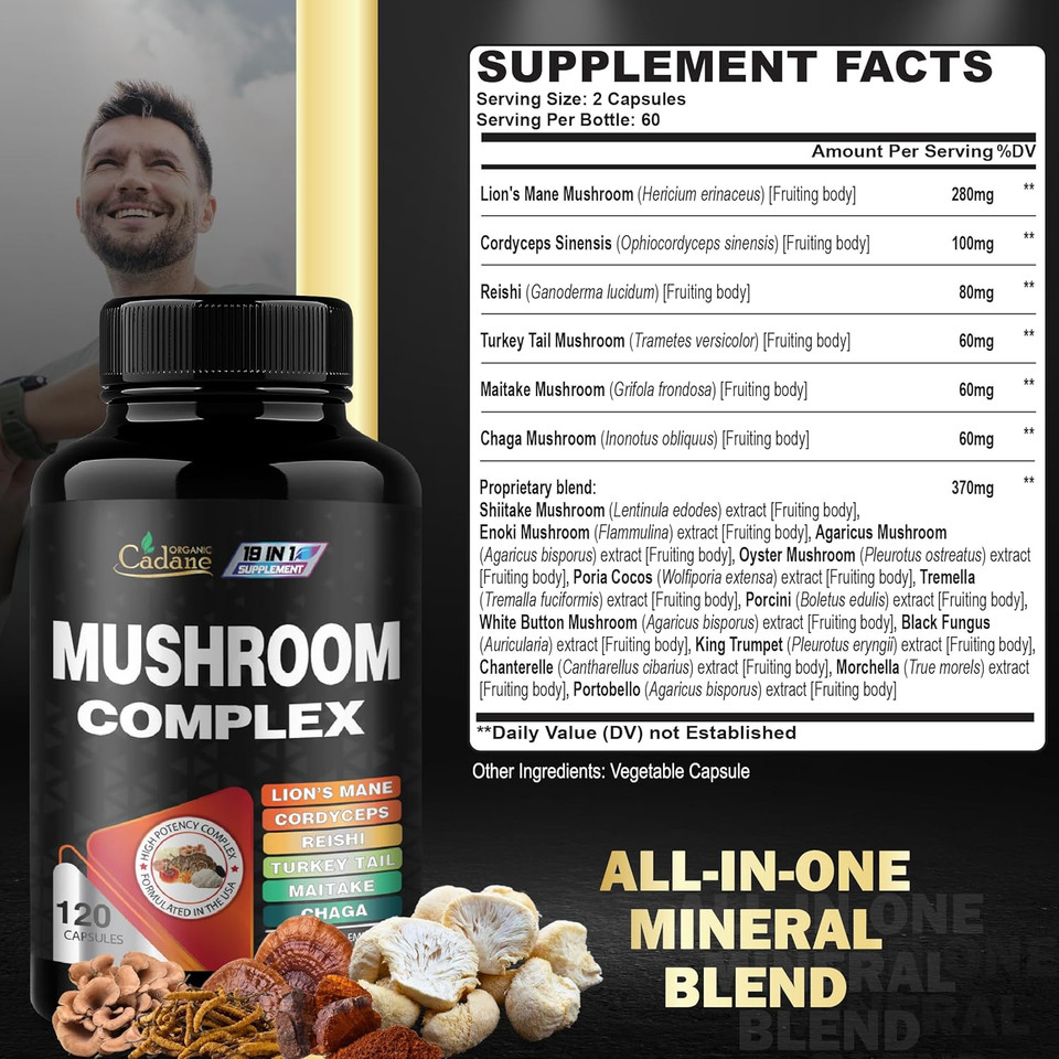 Cadane Mushroom Complex Supplements - 19In1 Concentrated With Lions Mane, Cordyceps Sinensis, Reishi, Turkey Tail Mushroom, Maitake, Chaga, Shiitake, Enoki, Agaricus, And More - 120 Vegan Capsules
