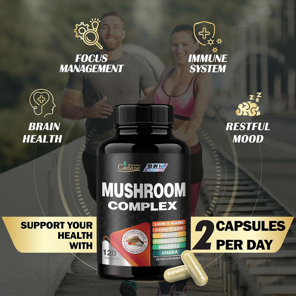 Cadane Mushroom Complex Supplements - 19In1 Concentrated With Lions Mane, Cordyceps Sinensis, Reishi, Turkey Tail Mushroom, Maitake, Chaga, Shiitake, Enoki, Agaricus, And More - 120 Vegan Capsules