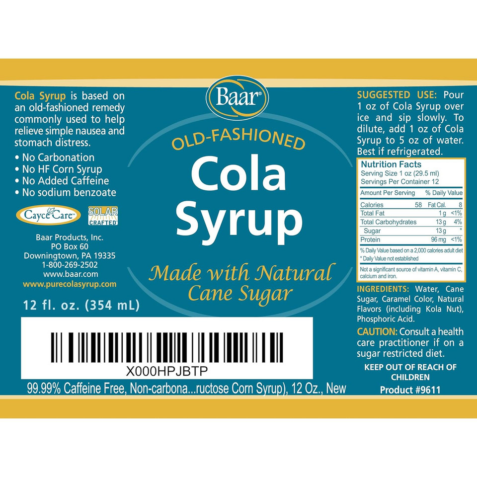 Caffeine Free, Non-Carbonated Cola Syrup With Pure Cane Sugar (No High Fructose Corn Syrup), 12 Oz