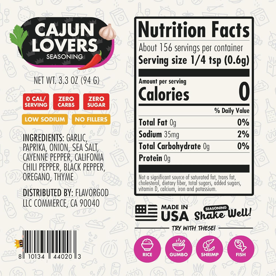 Cajun Lovers Seasoning Mix By Flavor God - Premium All Natural & Healthy Spice Blend For Grilling Chicken, Beef, Seafood, Vegetables, Salad, Tacos, Pizza, & Pasta - Kosher, Gluten-Free, Dairy-Free, Vegan, Keto Friendly