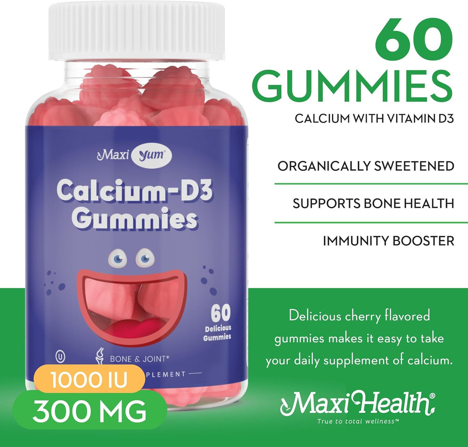 Calcium + D3 Gummy  Chewable Supplement For Bone Support  Kosher Gummies For Women, Men & Kids  Coral Source With Vitamin D  Kids Calcium & Immune Support  Citrate-Free  60 Count