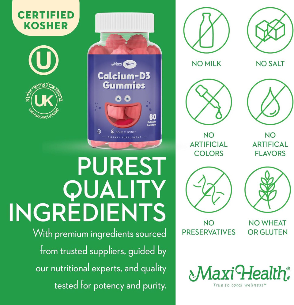 Calcium + D3 Gummy  Chewable Supplement For Bone Support  Kosher Gummies For Women, Men & Kids  Coral Source With Vitamin D  Kids Calcium & Immune Support  Citrate-Free  60 Count