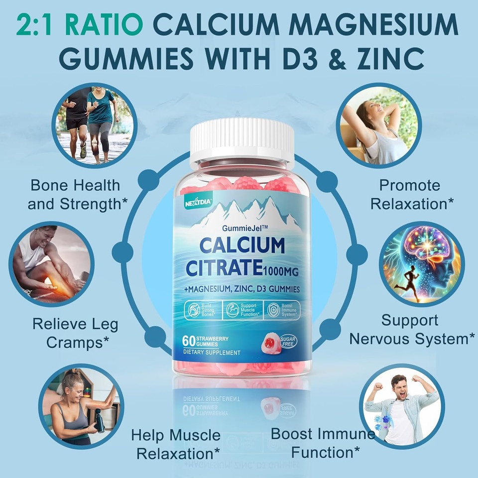 Calcium Citrate 1000Mg, Calcium Gummies With Calcium & Magnesium 2:1 Ratio, Plus Vitamin D3, Zinc, B6 & Potassium  High Absorbable Calcium Chewable, Bone & Muscle Support, Vegan, Sugar-Free, 120Cts