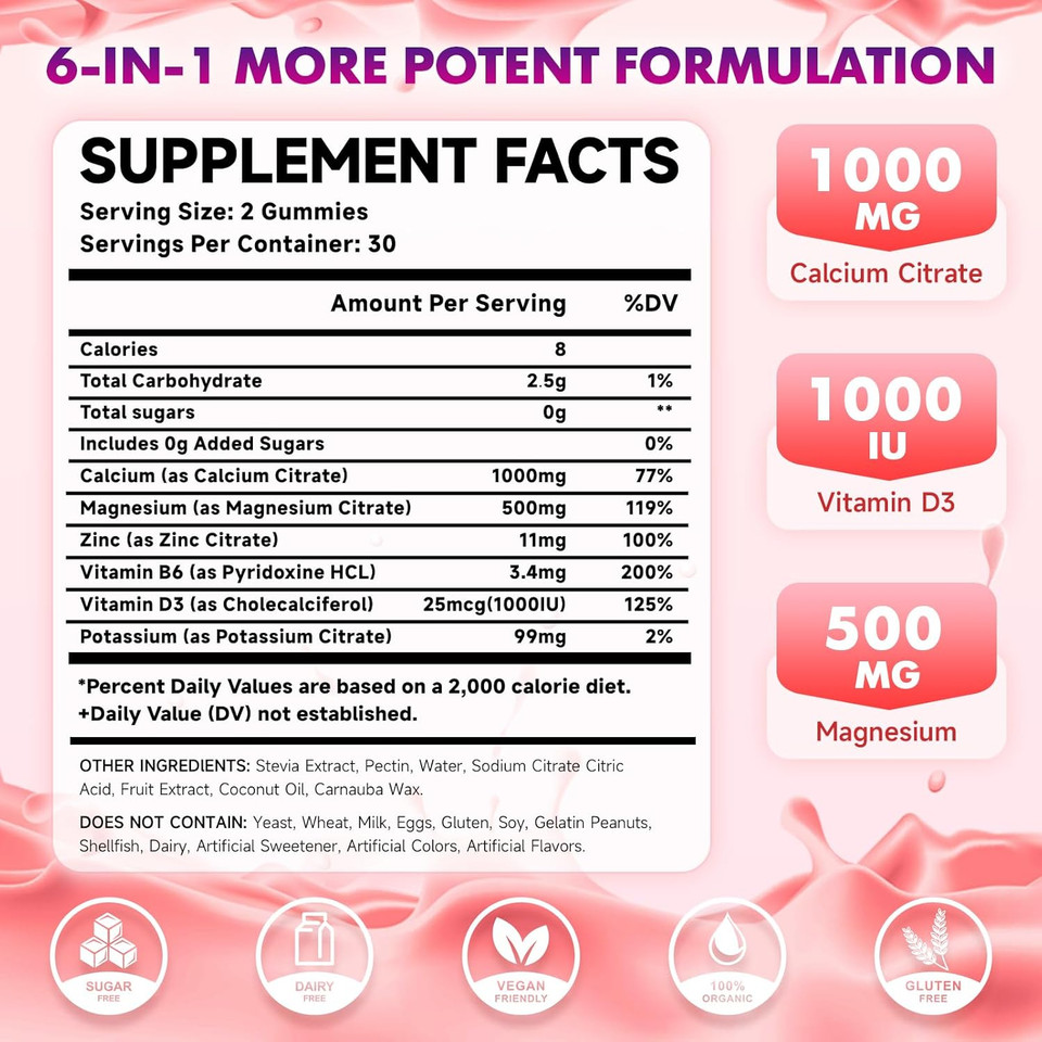 Calcium Citrate Gummies 1000Mg W/Vitamin D3, High Absorption Calcium Supplement For Women & Men, Plus Magnesium, Potassium, Zinc For Muscle & Immune, Sugar-Free, Raspberry Flavor, 60 Count