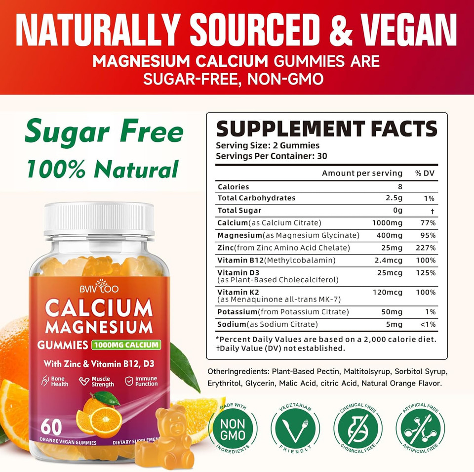 Calcium Gummies 1000Mg With Vitamin D3 K2 & B Complex, Potassium, Calcium Magnesium Zinc Gummies For Bone, Muscle, Mood And Immunity - Orange Flavor 60 Gummies
