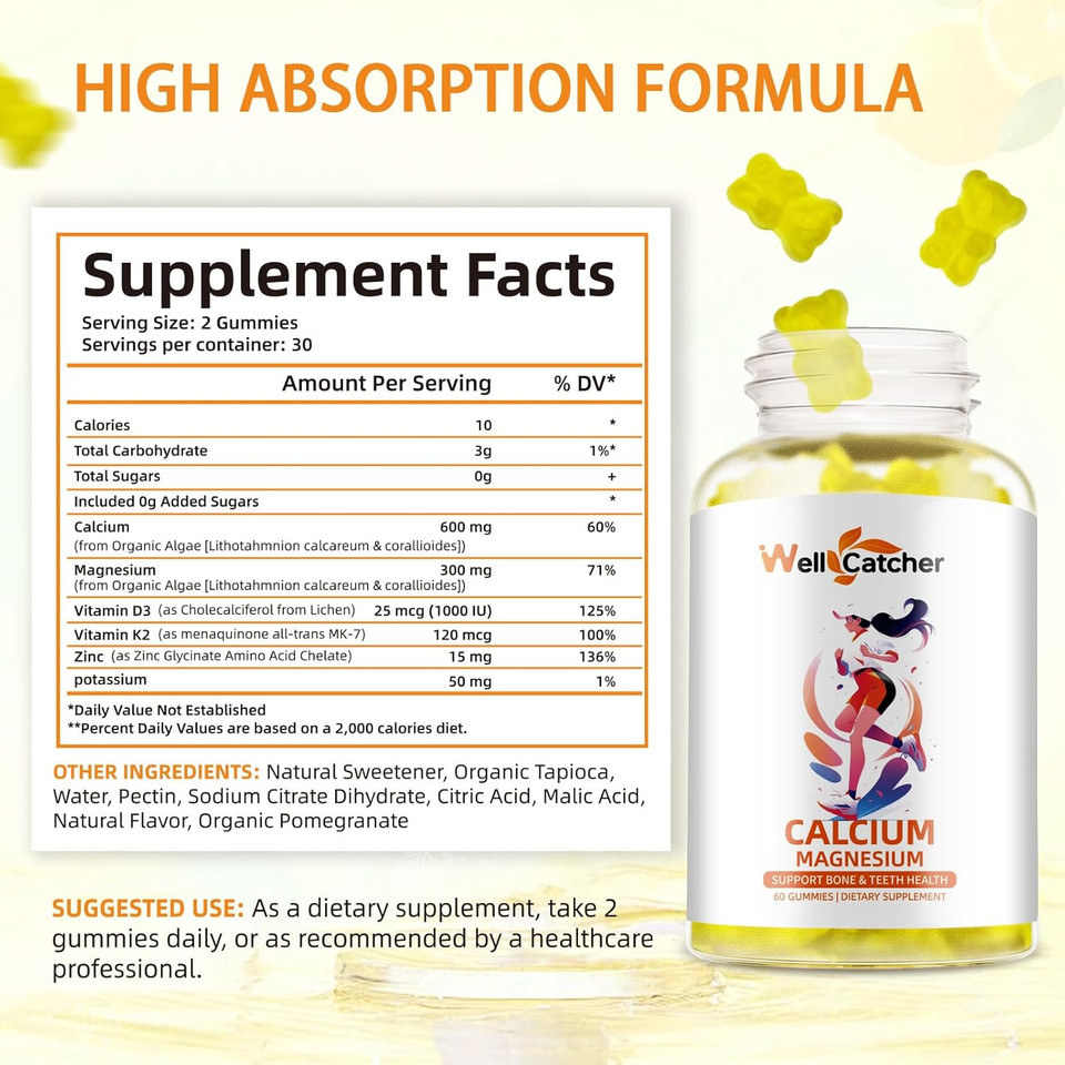 Calcium Magnesium Gummies Adults Kids - Sugar Free Chewable Vegan Algae Calcium Supplements For Women Men Support Plus Bone Strength With Zinc Potassium Vitamin D3 K2 Lemon Flavor 120Ct