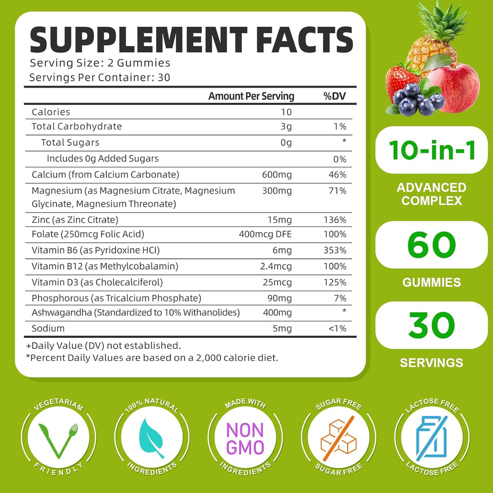 Calcium Magnesium Zinc Gummies With Vitamin D3, Sugar Free Calcium Gummies For Women Men, High Potency Magnesium Gummies For Bone & Muscle & Immune Health, Raspberry Flavor - 120 Count