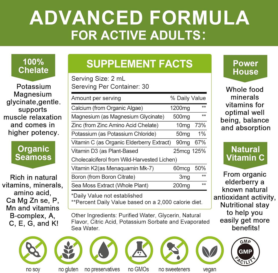 Calcium Magnesium Zinc Liquid With Vitamin D3, Magnesium Glycinate Plus Vitamin C K2| High Absorption Plant Calcium Supplement For Heart & Bone| Gluten FreeSugar-Free | 60 Servings | Lemon Flavor