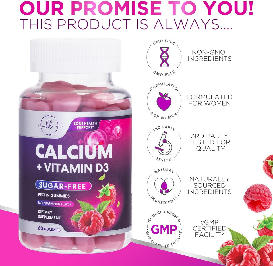 Calcium Supplements For Women - Sugar Free Calcium Gummies With Vitamin D3 For Bone Strength, Teeth & Immune Health Support, Natural Chews For Women & Men - Raspberry Flavored & Non-Gmo - 60 Gummies