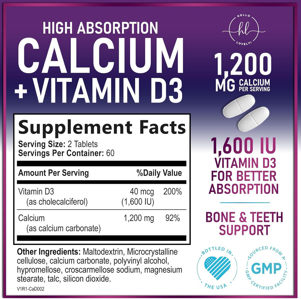 Calcium Supplements For Women 1200 Mg Plus 1600 Iu Vitamin D3, Bone Health, Teeth & Immune Support - Mineral Supplement With Vitamin D High Absorbable Premium 600 Mg Calcium Carbonate - 60 Tablets