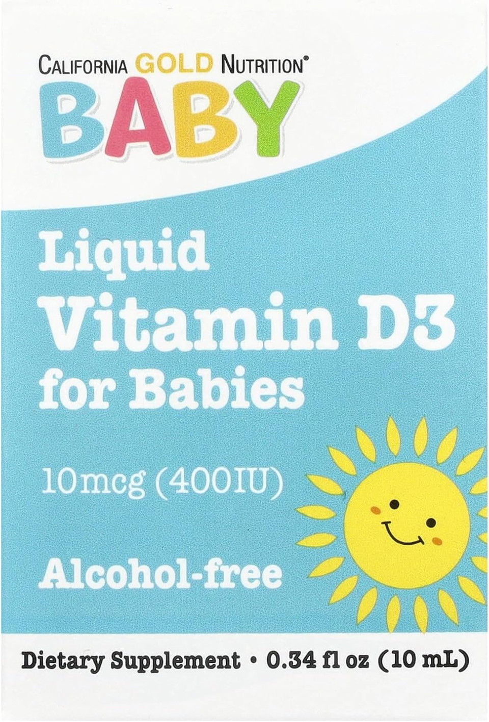 California Gold Nutrition Baby Vitamin D3 By - Liquid D3 Supplement For Babies, Vegetarian Friendly - Alcohol & Gluten Free, Non-Gmo - 10 Mcg (400 Iu) - 0.34 Fl Oz (10 Ml)