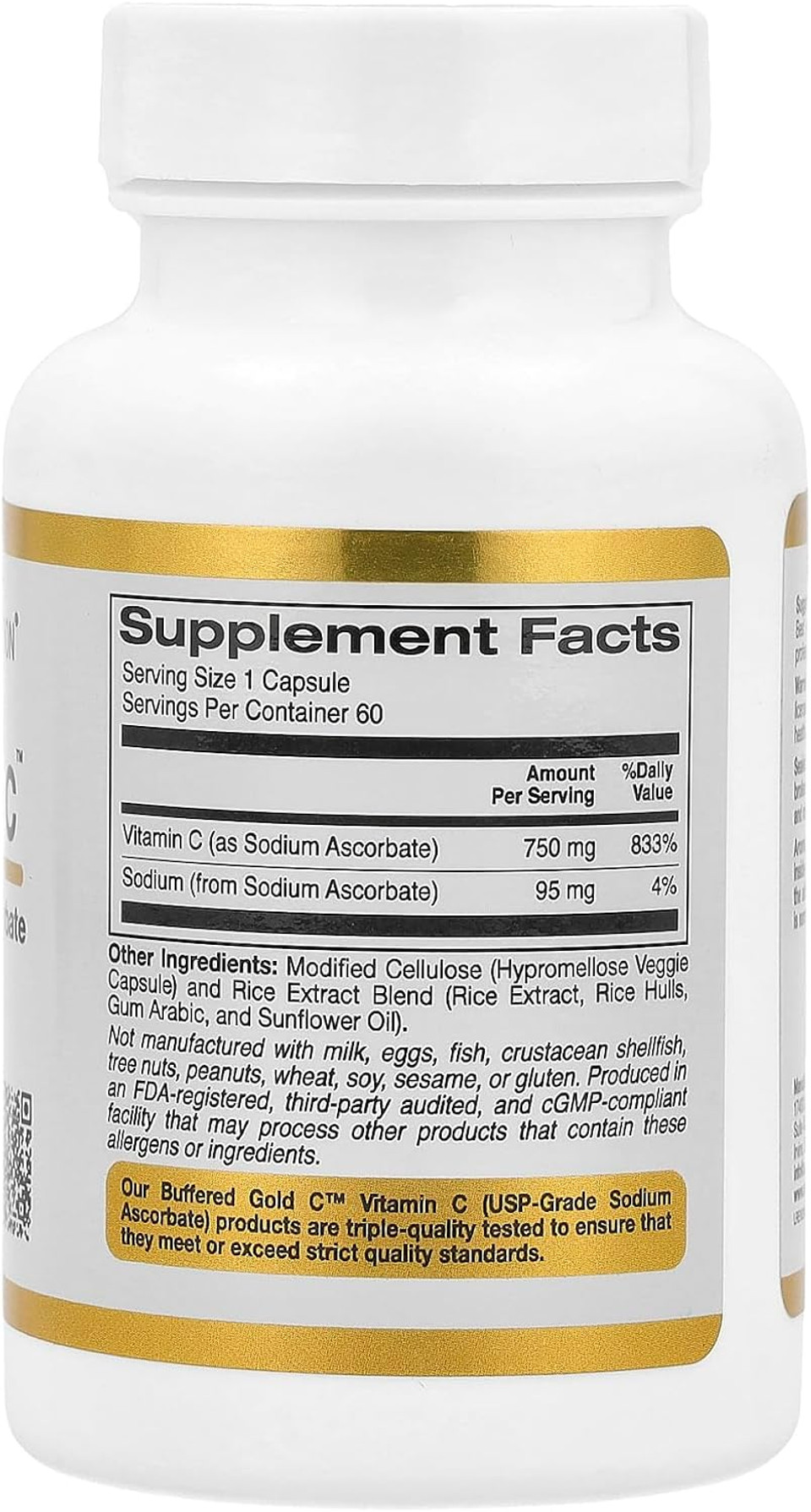 California Gold Nutrition Buffered Gold C, Gold Standard Sodium Ascorbate (Vitamin C), 60 Veggie Capsules
