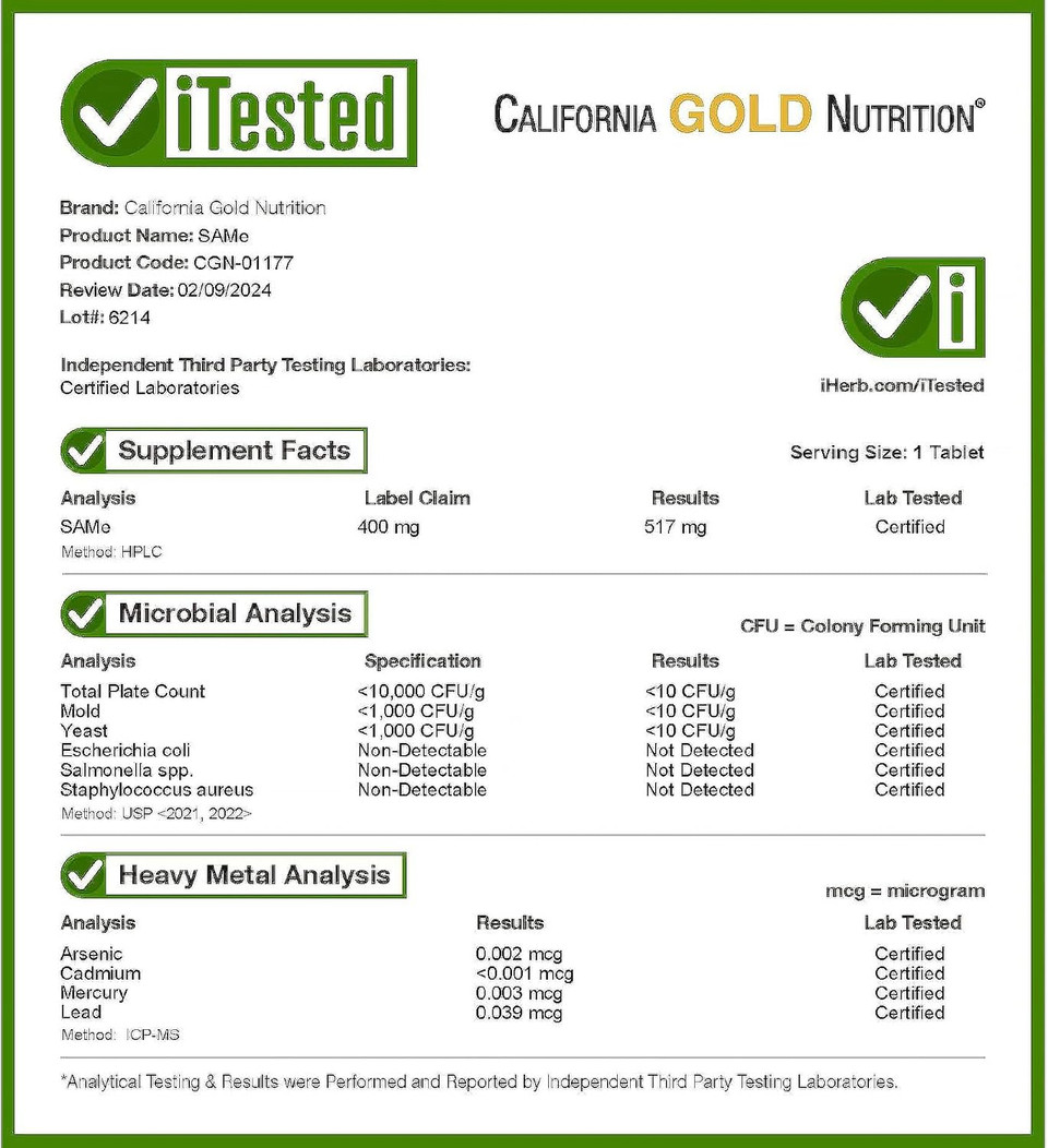 California Gold Nutrition Same (S-Adenosyl L-Methionine), 400 Mg, 60 Tablets