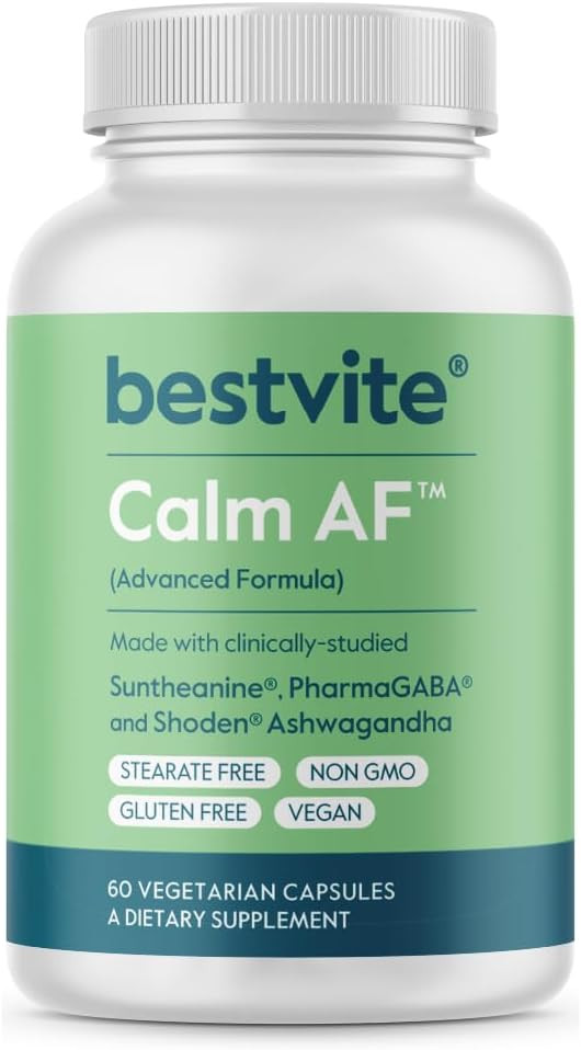 Calm Af (Advanced Formula) (60 Veggie Caps) - Clinically Studied Shoden Ashwagandha, Suntheanine L Theanine, Pharmagaba - No Stearates - Vegan - Non Gmo - Gluten Free - Ashwagandha & Gaba Supplements