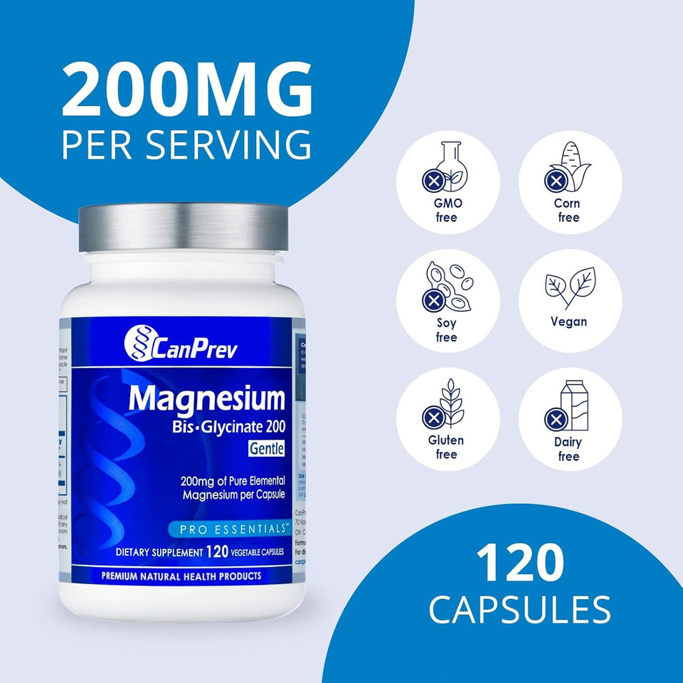 Canprev Magnesium Bisglycinate Extra Gentle 140Mg, 120 V-Caps 120-Day Supply - Pure Elemental Magnesium Supplement, Support Bone & Muscle Function, Gentle On Stomach, Perfect For Daily Magnesium Needs