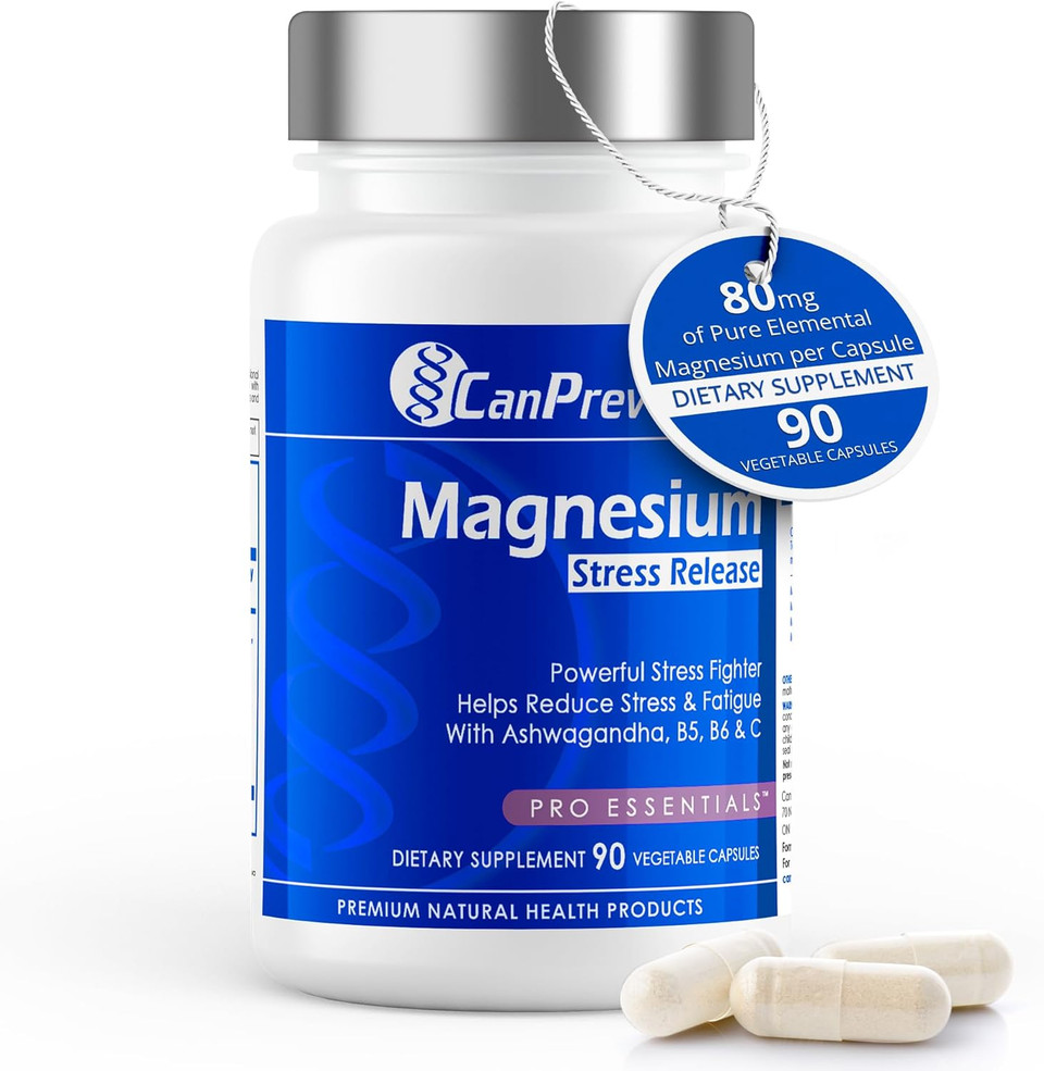 Canprev Magnesium Bisglycinate With Ashwagandha, B5, B6 & Vitamin C, 90 Veg Caps, 30-Day Supply, Support Restful Nights & Relaxation, Helps Energy & Immnue Function, Vegan, Non-Gmo, Dairy, Soy, Gluten