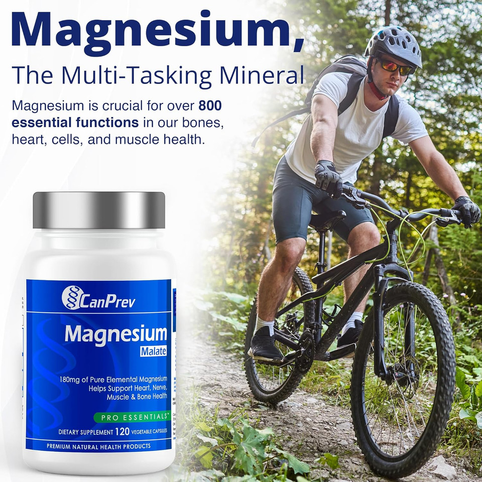 Canprev Magnesium Malate, 120 Veg Caps, 120-Day Supply, 180Mg Elemental Magnesium & 540Mg Malic Acid, Vegan & Non-Gmo, Supports Relaxation, Energy, Muscle Function, Bone Strength & Overall Well-Being