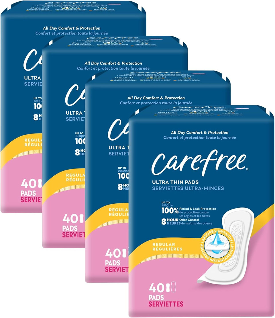 Carefree Ultra Thin Pads For Women, Regular Pads Without Wings, 40Ct