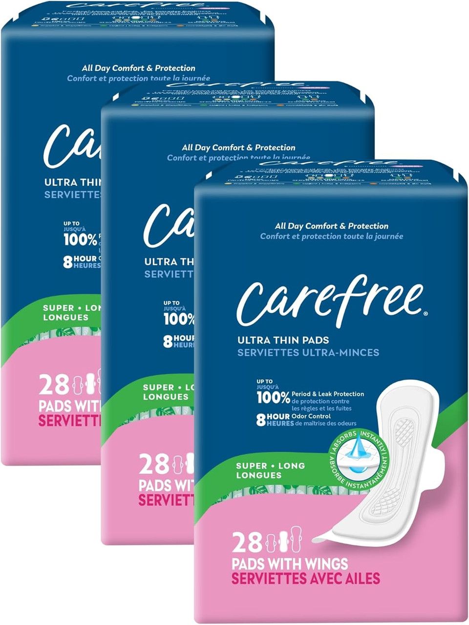 Carefree Ultra Thin Pads For Women, Super/Long Pads With Wings, 28Ct