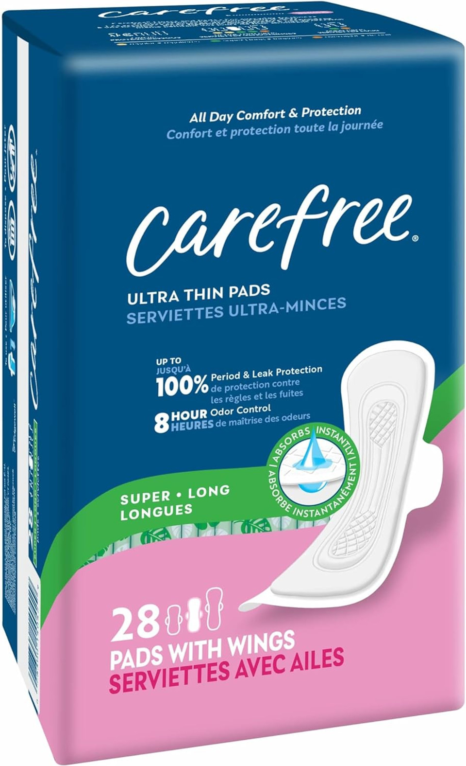 Carefree Ultra Thin Pads For Women, Super/Long Pads With Wings, 28Ct