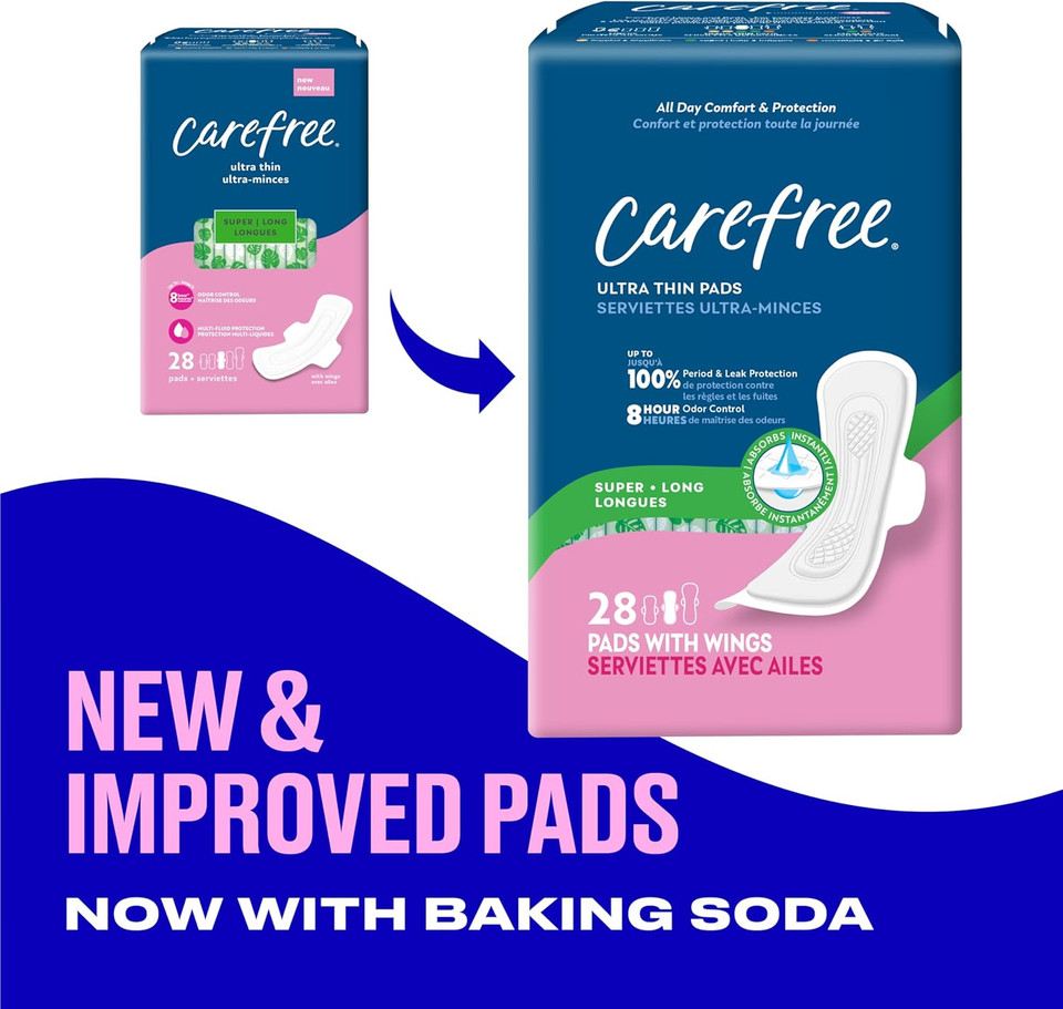 Carefree Ultra Thin Pads For Women, Super/Long Pads With Wings, 28Ct