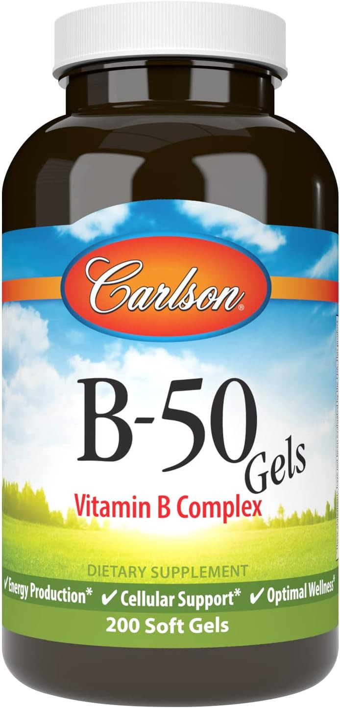 Carlson - B-50 Gels, Vitamin B Complex, Energy Production, Cellular Support & Optimal Wellness, 50 Softgels