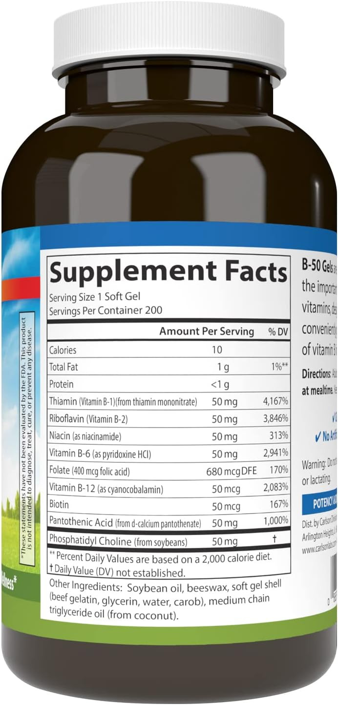 Carlson - B-50 Gels, Vitamin B Complex, Energy Production, Cellular Support & Optimal Wellness, 50 Softgels